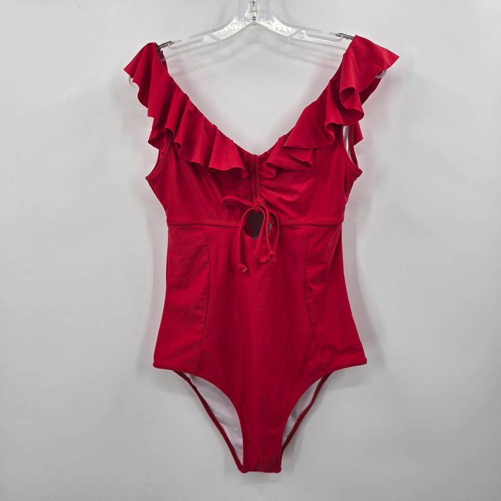 Red Ruffle V-Neck Cutout One Piece Swimsuit Women Solid Open Back Tie‎ Detail